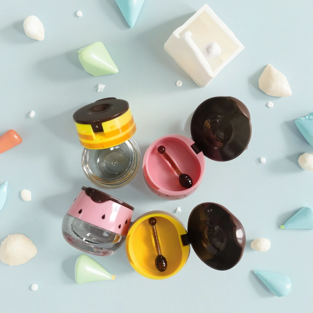 Custom honey comb cosmetic jars with applicators for colorful lip balm packaging designs