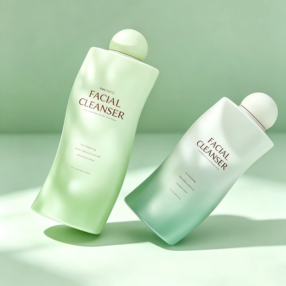 Frosted green facial cleanser bottles with custom rounded caps