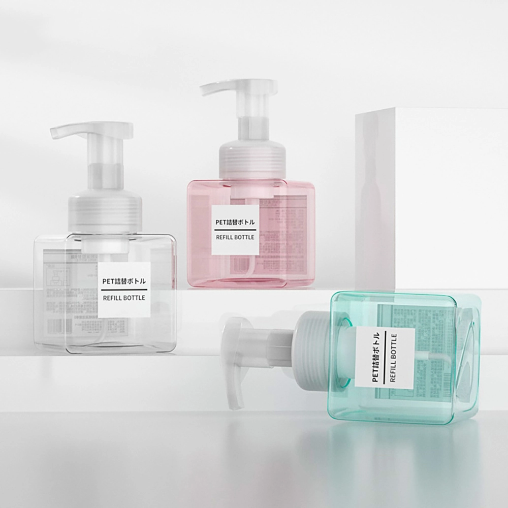 PET refill bottles in clear, pink and teal with pump dispensers