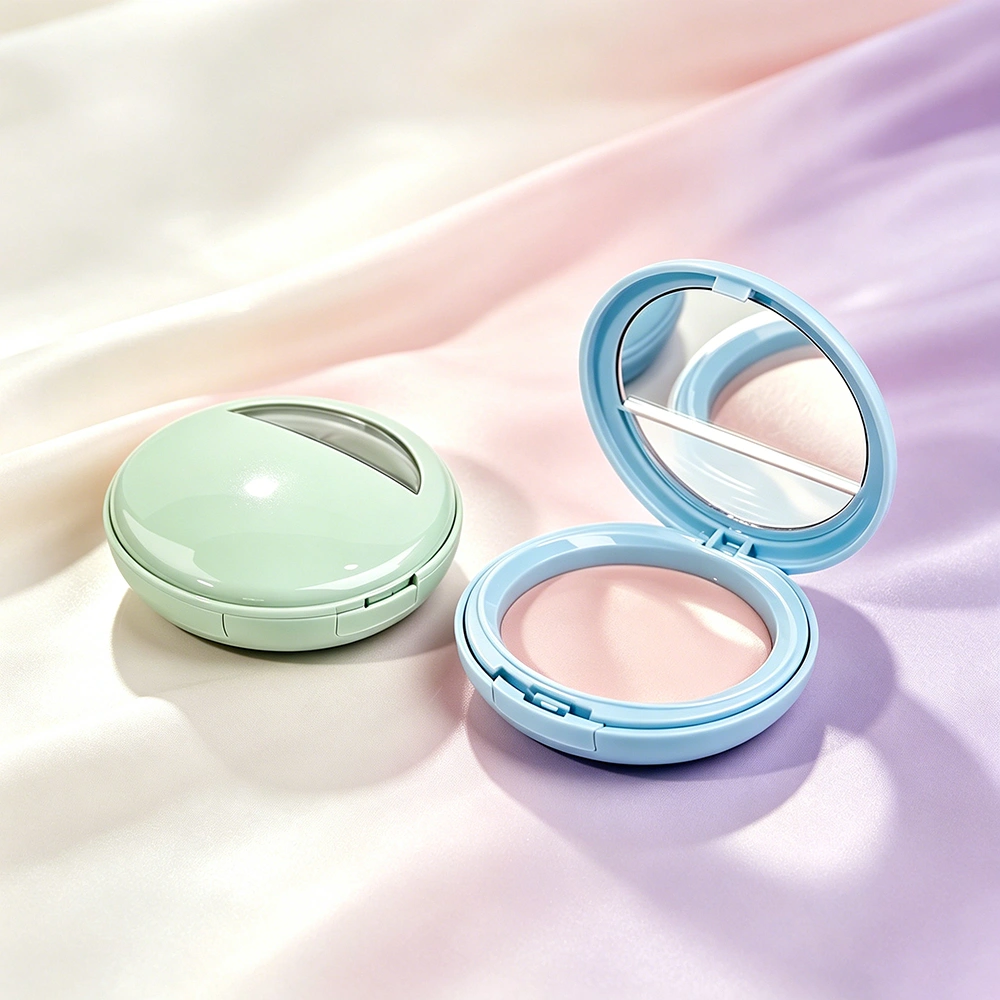 Pastel round pressed powder compacts with a mirror and cosmetic pan