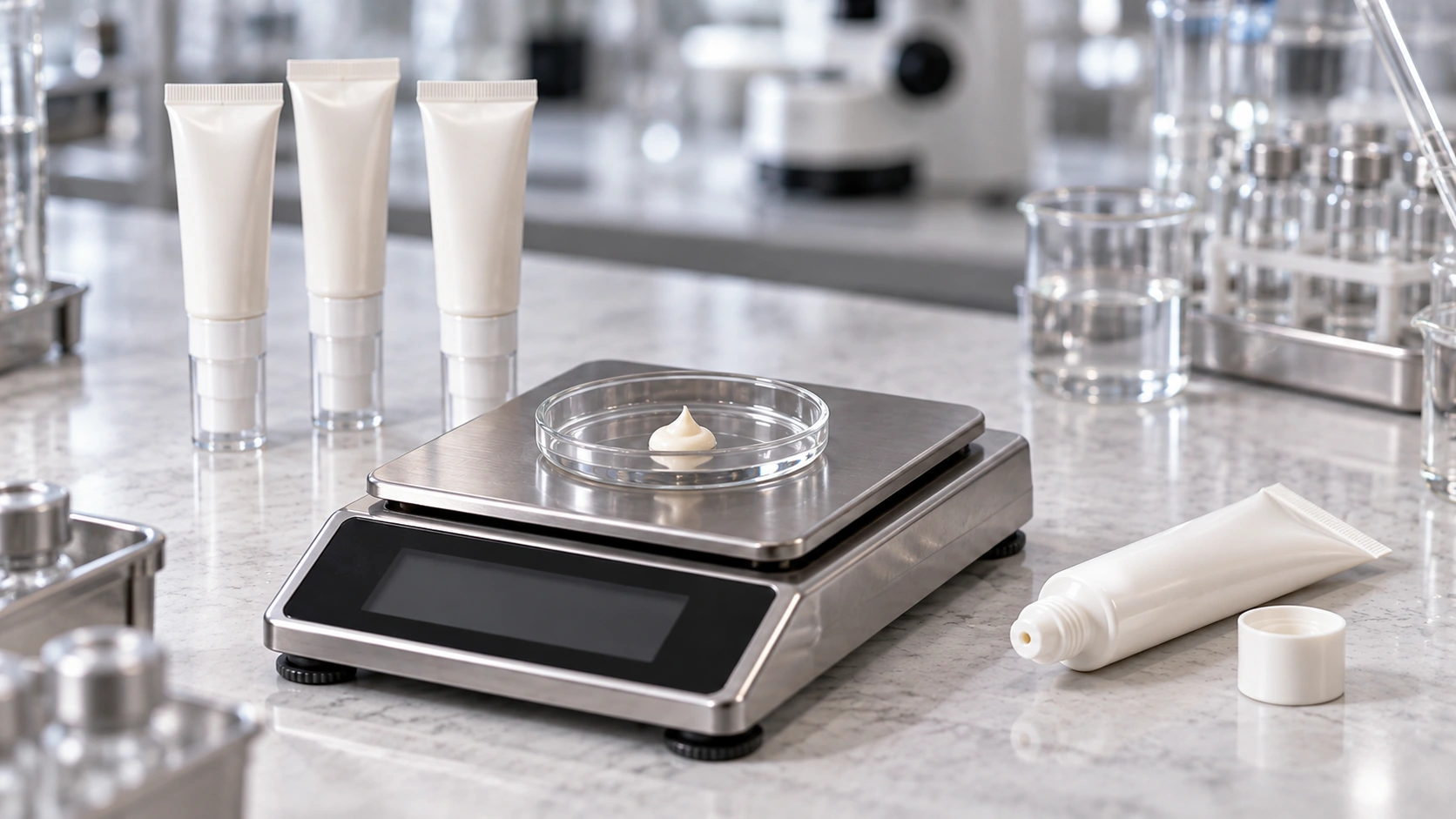 Eye cream sample in a clear dish on a digital scale, with pump tubes and an uncapped squeeze tube nearby.