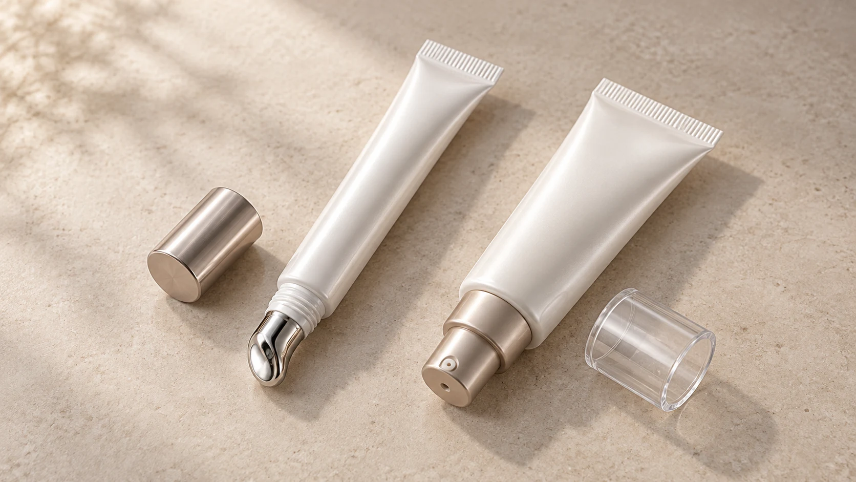 Eye cream tube with a metal applicator tip beside a pump tube, with both caps removed.