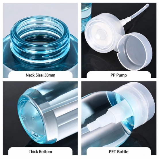 Four-panel product detail graphic showing a 33 mm bottle neck, a PP pump, a thick bottle base, and PET bottle features.
