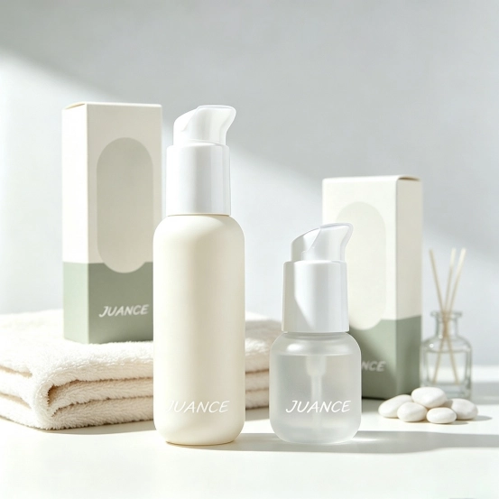 Two cosmetic pump bottles, one opaque ivory and one frosted translucent, displayed with matching product boxes.