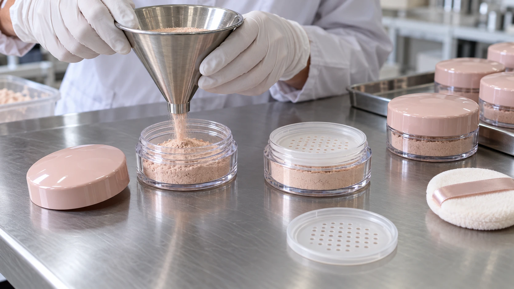 Gloved worker filling a clear loose powder jar through a funnel, with perforated sifters and pink lids nearby.