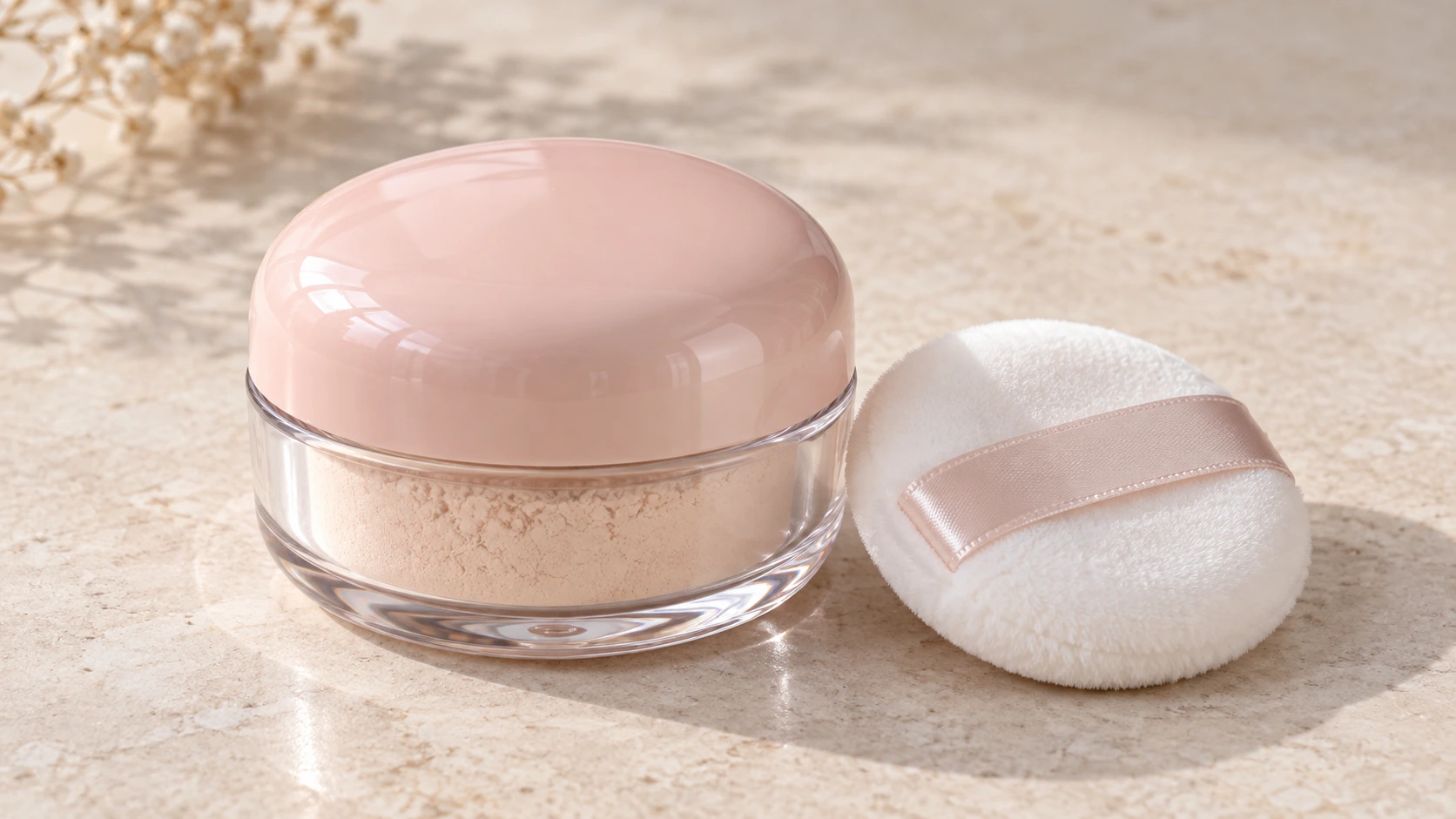 Clear jar of loose powder with a glossy pink lid beside a white powder puff with a pink ribbon.