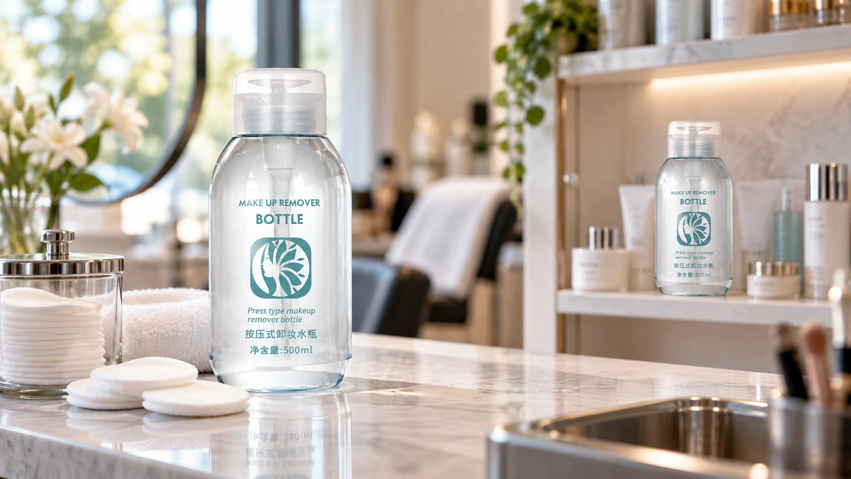 A clear makeup remover bottle with a press-style closure sits on a vanity beside cotton pads, with a smaller bottle displayed on a shelf behind it.