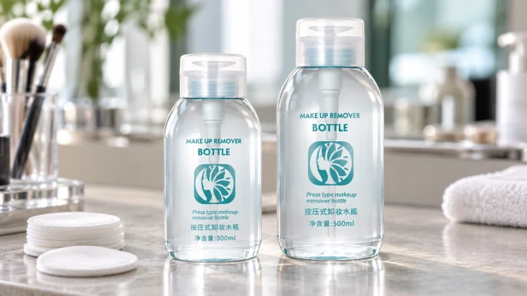 Two clear makeup remover bottles with press-style closures, labeled 300 mL and 500 mL, stand beside cotton pads and makeup brushes.
