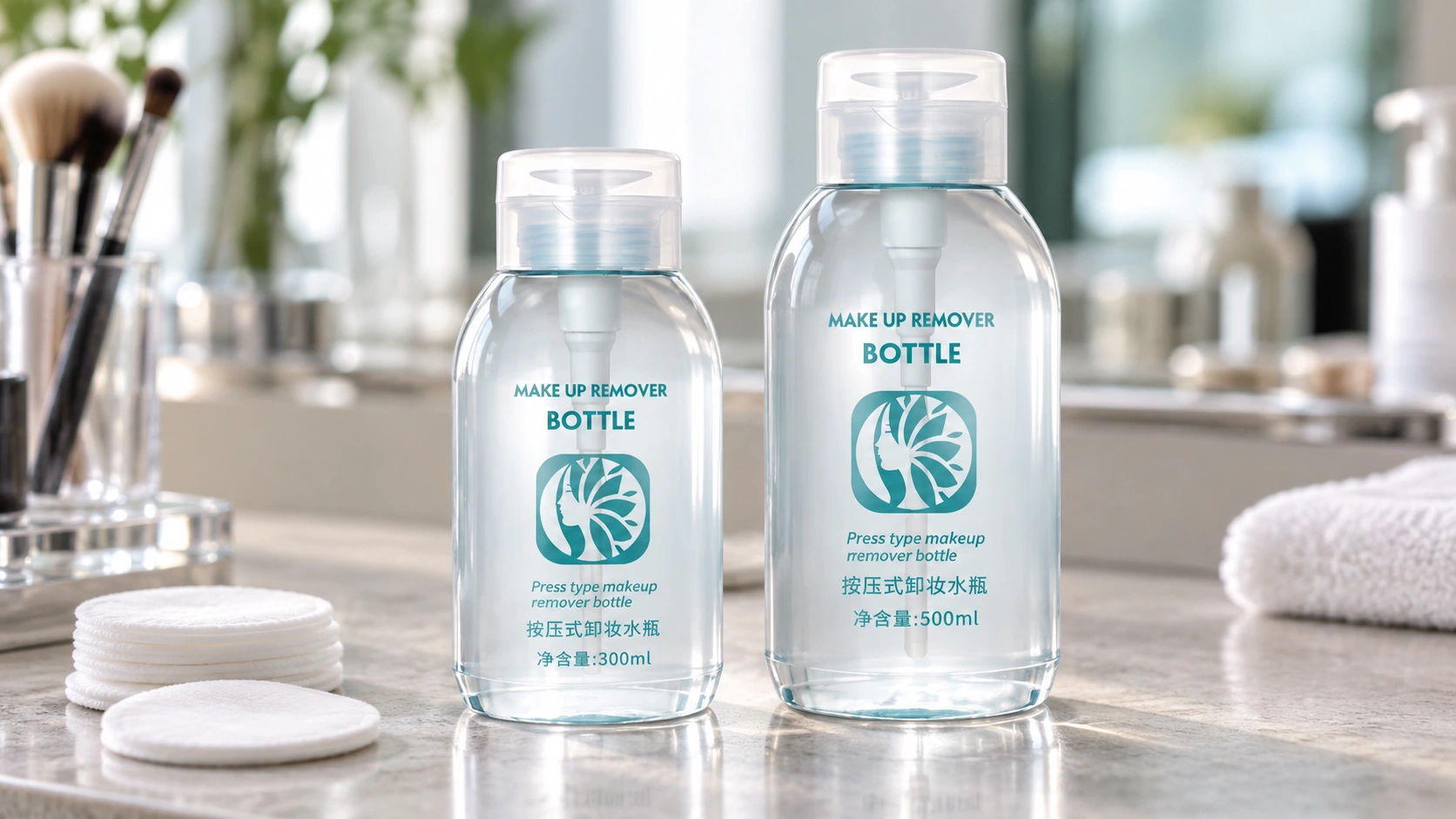 Two clear makeup remover bottles with press-style closures, labeled 300 mL and 500 mL, stand beside cotton pads and makeup brushes.