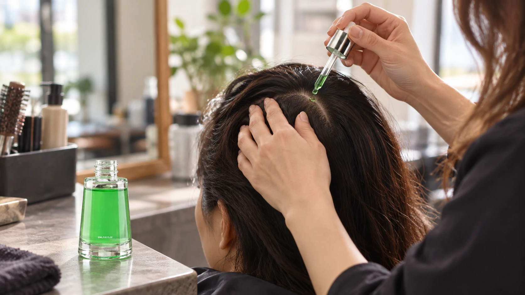A clear bottle filled with green serum and its pipette dropper rests on a counter, with hair visible in the background.
