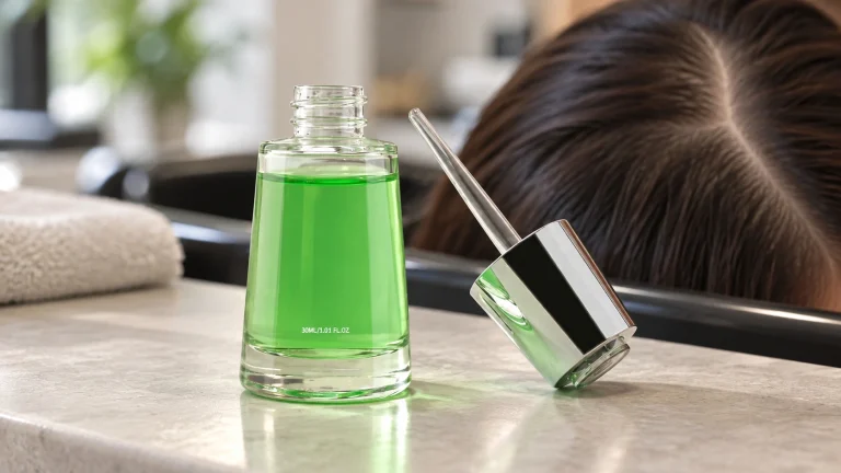 A person parts their hair and applies green scalp serum to the scalp with a glass dropper; the bottle sits on the counter nearby.